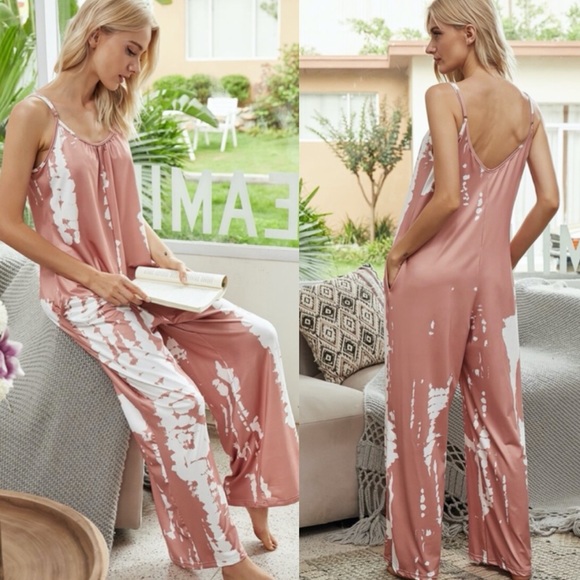 Boho dark gray tie dye wide leg pockets cami jumpsuit - Picture 10 of 11